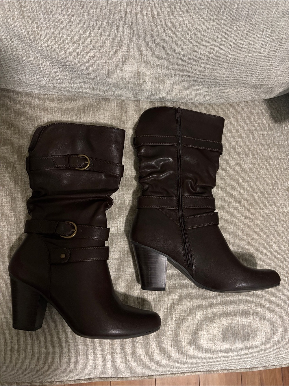 Apt. 9 Dark Brown Mid-Calf Heeled Boots with Buckle Straps